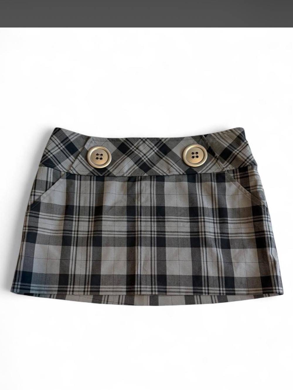 Plaid Mini Skirt with Button Detail - Gray